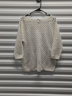 Chico's Sequin Normcore Cottagecore Lightweight Cream Open-Knit Sweater